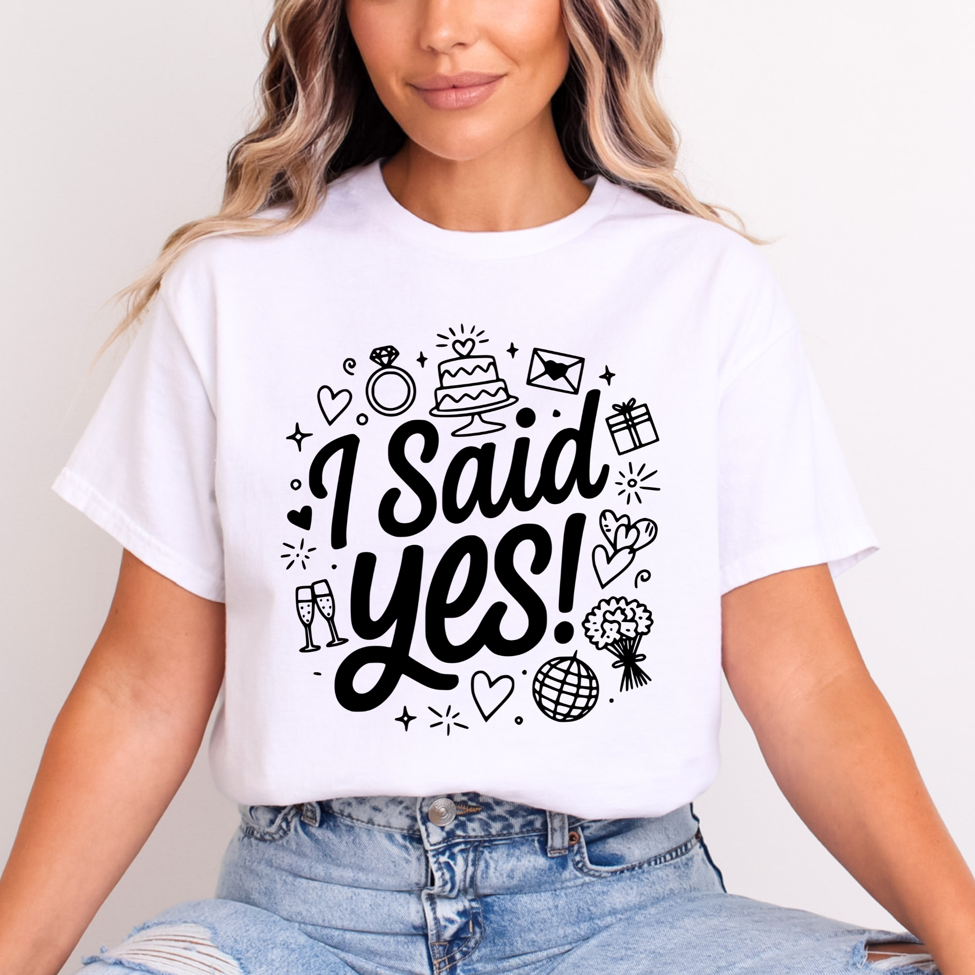 I Said Yes Adult Engagement T-Shirt Bride To Be Doodle Design Engaged Tee