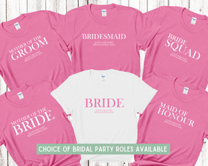 Custom Personalised Hen Party T shirts Bridal Role Pink