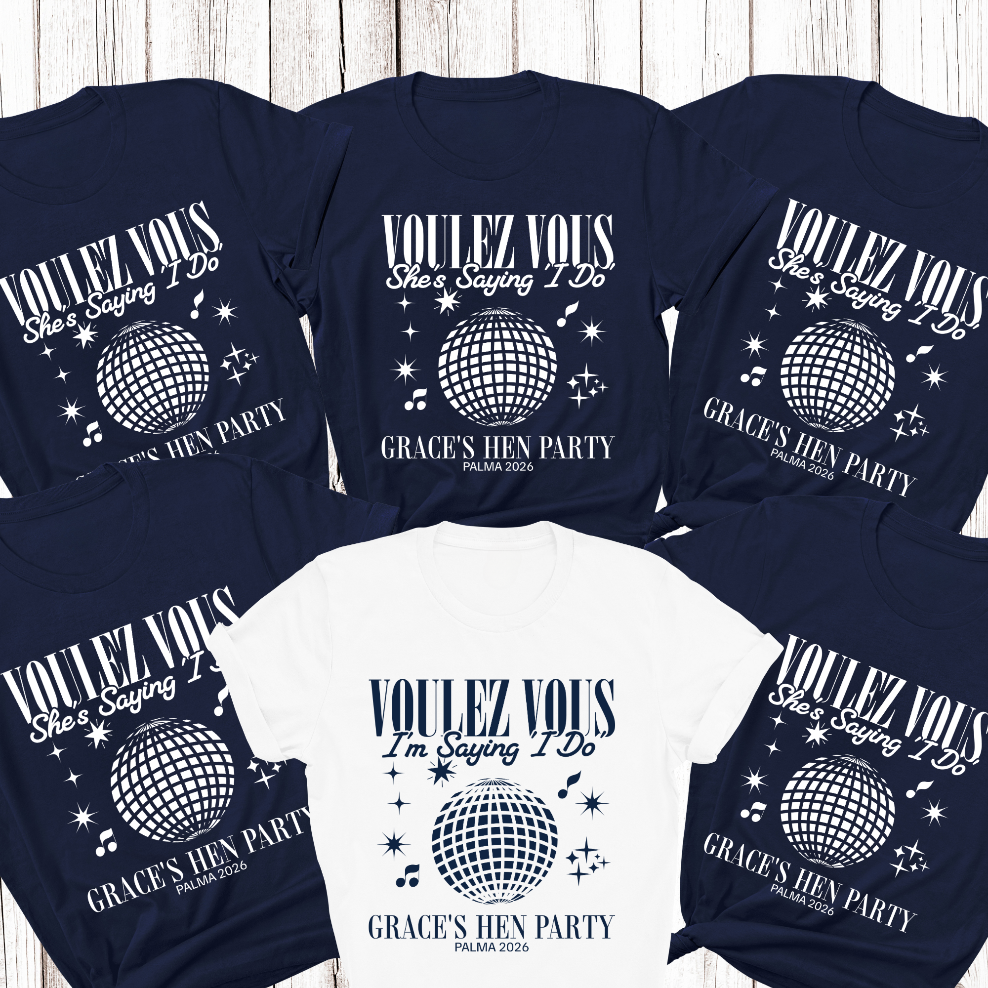 Personalised Hen Party Tshirts Disco Voulez Vous Saying I Do Bridal Party Shirts (Navy)