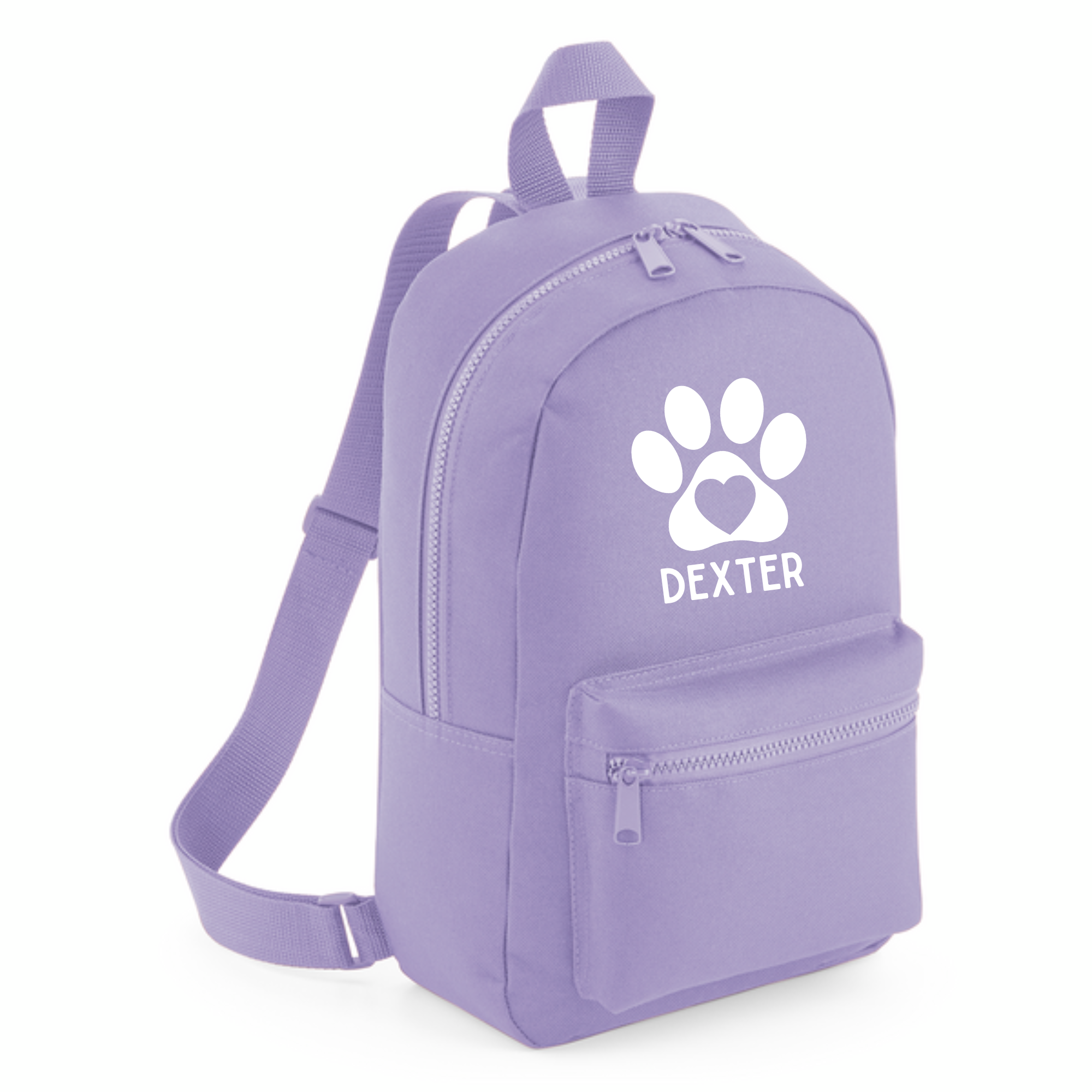 a purple backpack with a white dog paw on it