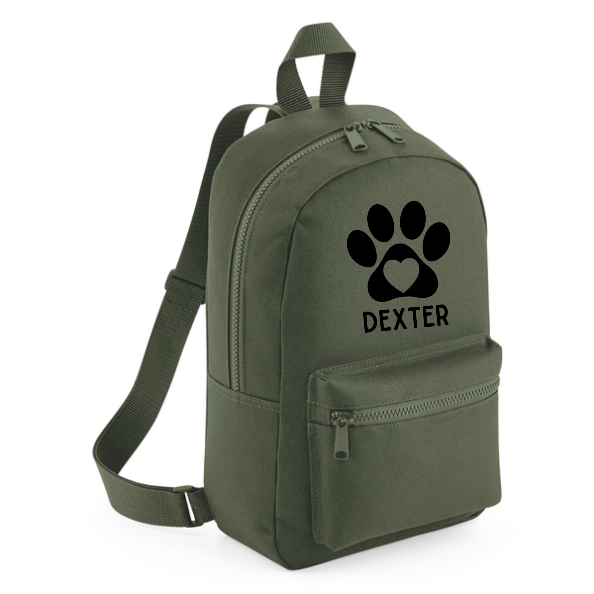 a green backpack with a paw print on it