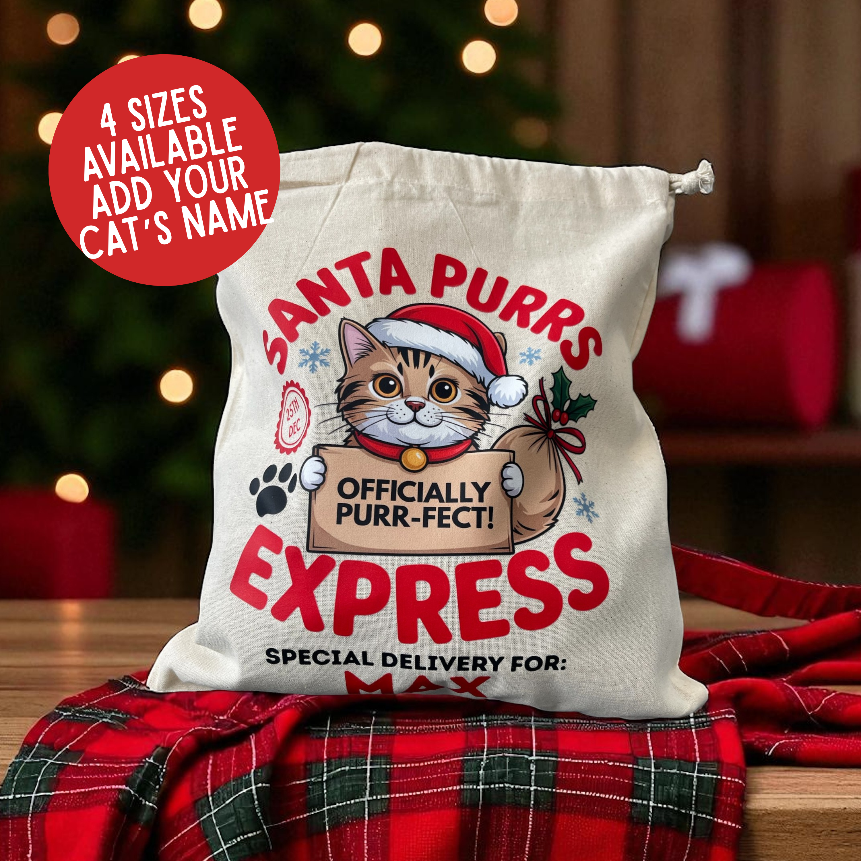Personalised Cat Christmas Sack – Custom Name Recycled Cotton Gift Bag