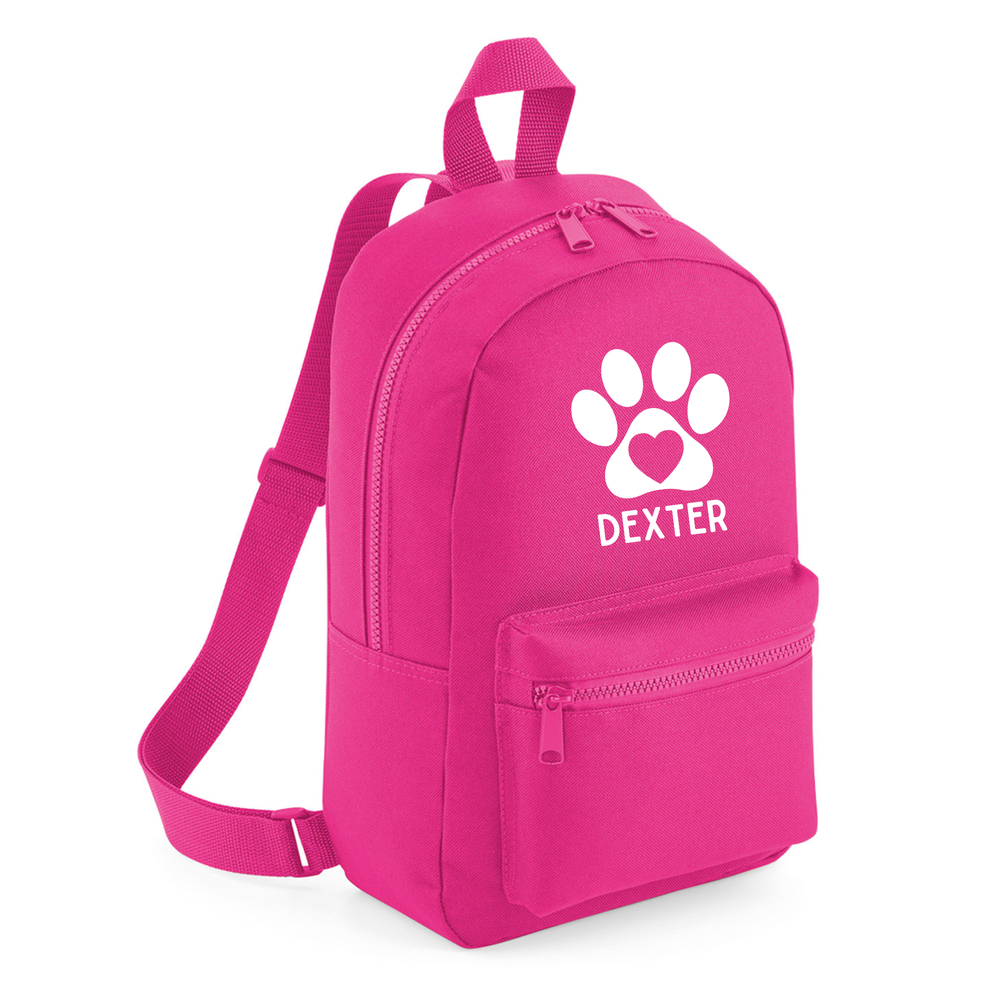a pink backpack with a paw print on the front
