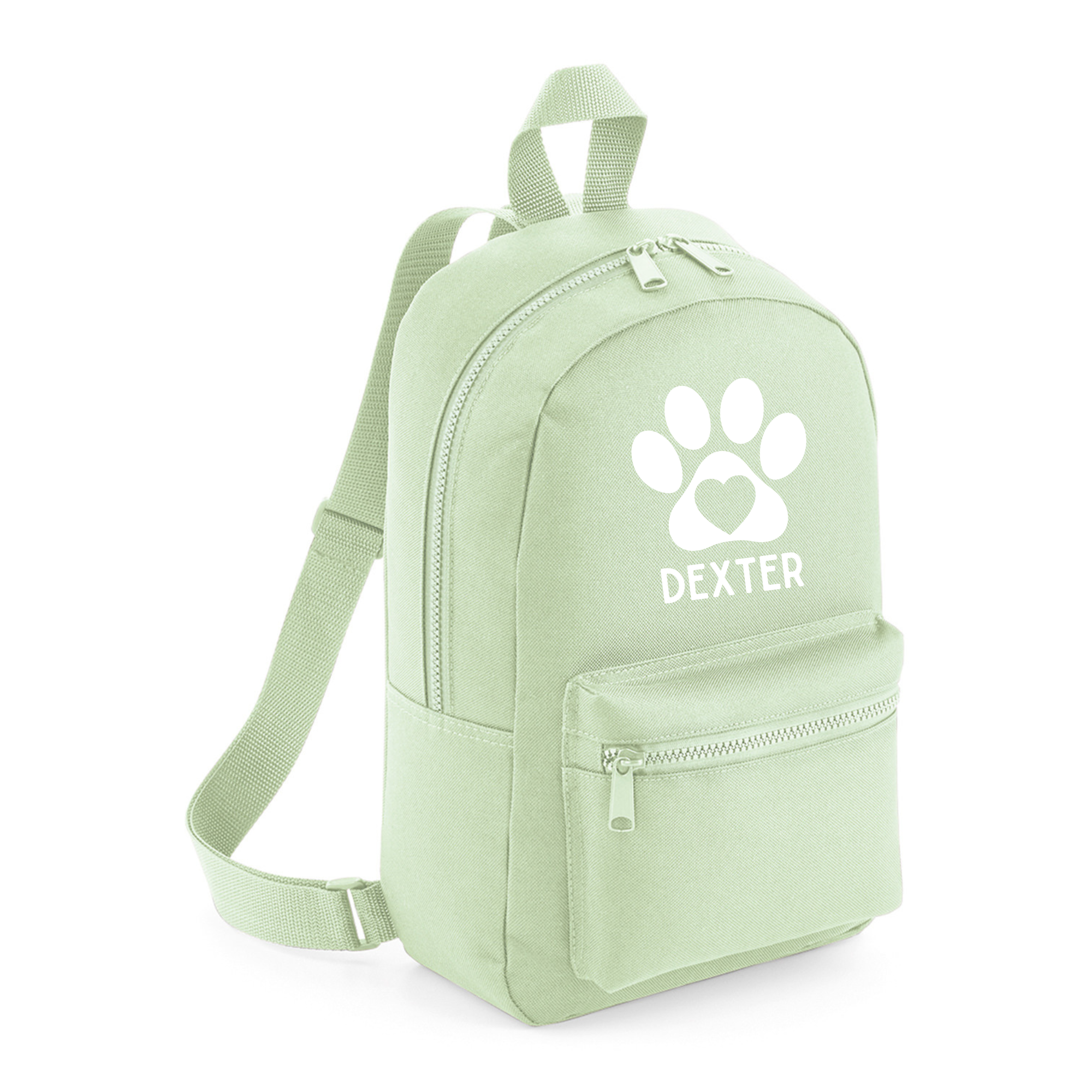 a green backpack with a white dog paw on it