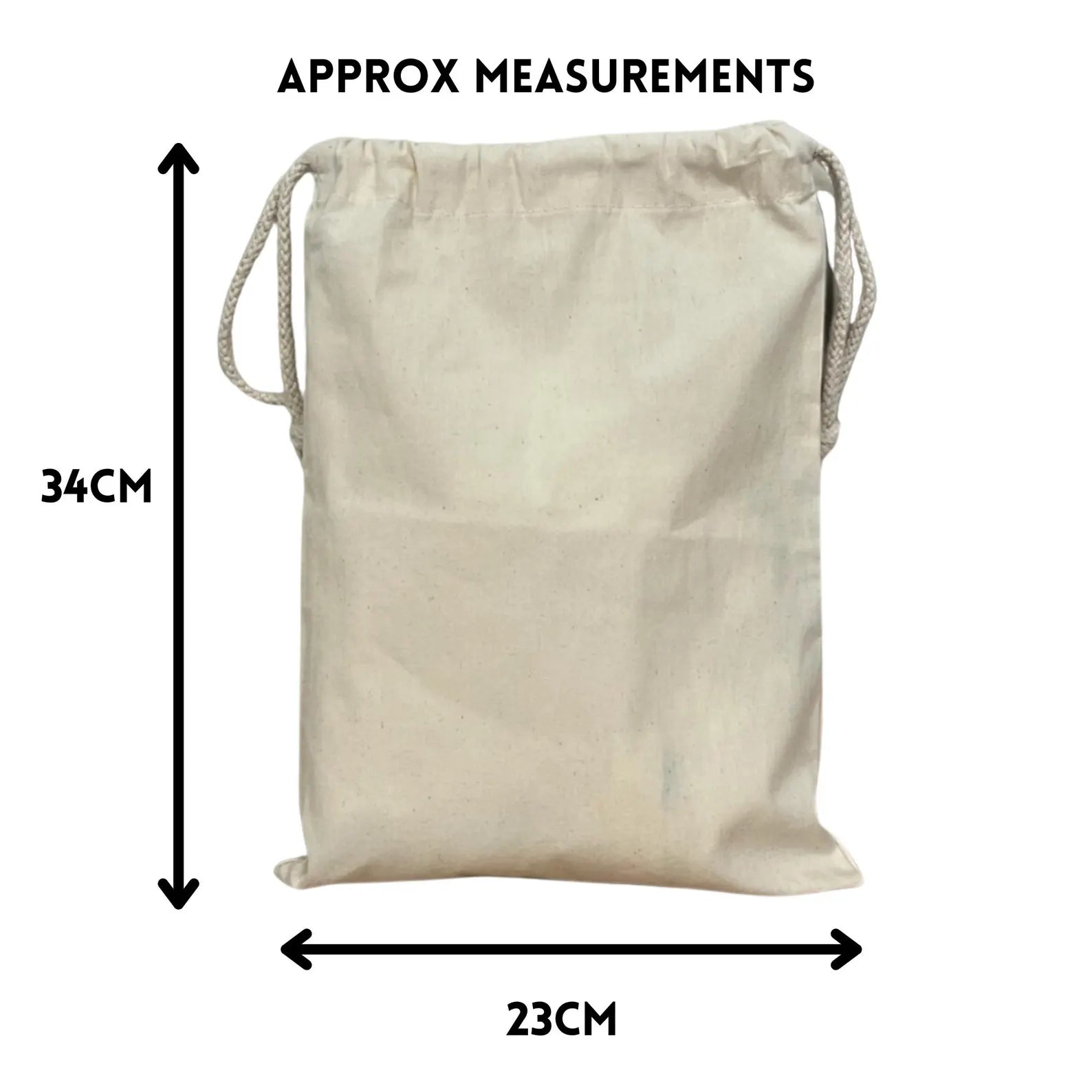 Beige drawstring bag with measurements on a white background