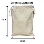 Load image into Gallery viewer, Beige drawstring bag with measurements on a white background
