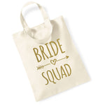 Load image into Gallery viewer, Natural Bride Squad mini tote bag with gold text
