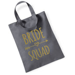 Load image into Gallery viewer, Grey Bride Squad mini tote bag with gold text
