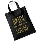 Load image into Gallery viewer, Black Bride Squad mini tote bag with gold text
