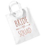 Load image into Gallery viewer, White Bride Squad mini tote bag with rose gold text
