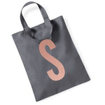 Load image into Gallery viewer, Grey initial mini tote bag with a rose gold letter S
