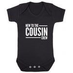 Load image into Gallery viewer, Black New To The Cousin Crew baby bodysuit with white print
