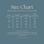 Load image into Gallery viewer, Size chart for the ladies semi-fitted crew neck T-shirt: width, length and sleeve measurements in cm for sizes S to XL
