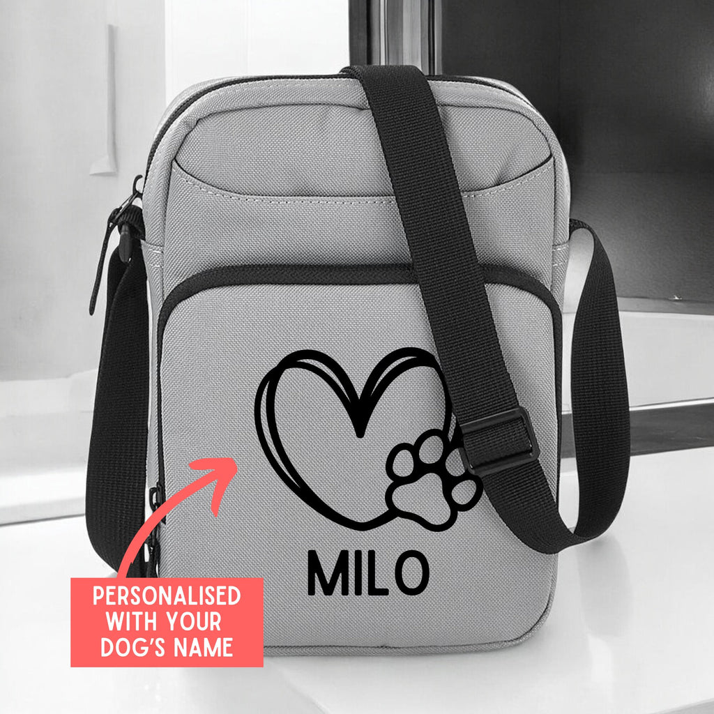 a bag with a dog&#39;s name and a heart on it