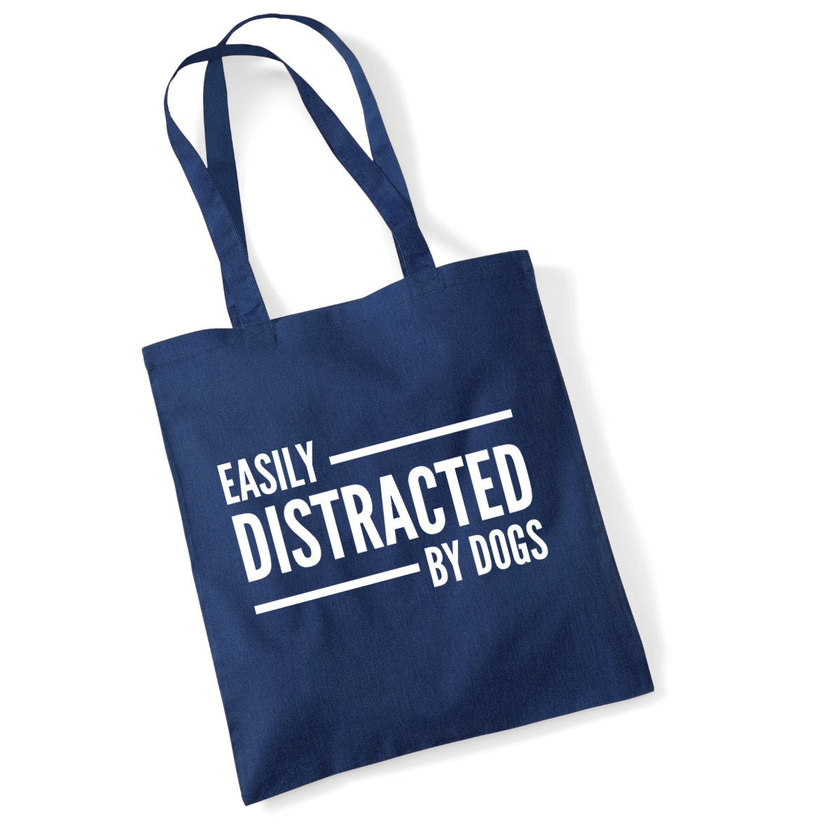 a blue bag that says easily distracted by dogs