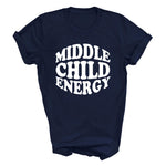 Load image into Gallery viewer, Navy Middle Child Energy T-shirt with white retro print
