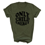 Load image into Gallery viewer, Military Green Only Child Energy T-shirt with black retro print
