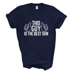 Load image into Gallery viewer, Navy This Guy Is The Best Son T-shirt with white thumbs-up print
