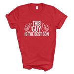 Load image into Gallery viewer, Red This Guy Is The Best Son T-shirt with white thumbs-up print

