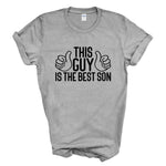 Load image into Gallery viewer, Sport Grey This Guy Is The Best Son T-shirt with black thumbs-up print
