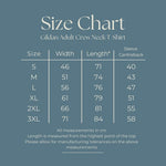 Load image into Gallery viewer, Size chart for the adult crew neck t-shirt, S to 3XL, measurements in cm
