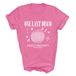 Load image into Gallery viewer, Azalea pink One Last Disco hen party T-shirt laid flat with white print
