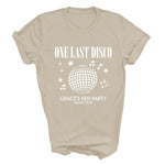Load image into Gallery viewer, Sand One Last Disco hen party T-shirt laid flat with white print
