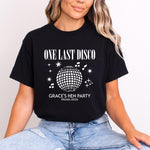 Load image into Gallery viewer, Woman wearing a black One Last Disco hen party T-shirt with white disco ball print

