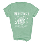 Load image into Gallery viewer, Mint One Last Disco hen party T-shirt laid flat with white print

