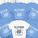 Load image into Gallery viewer, One Last Disco personalised hen party T-shirts – carolina blue bridal party tees with white print and a white bride tee
