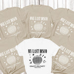 Load image into Gallery viewer, One Last Disco personalised hen party T-shirts – sand bridal party tees with white print and a white bride tee with black print
