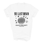 Load image into Gallery viewer, White My Last Disco bride T-shirt laid flat with black print
