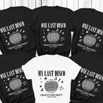 Load image into Gallery viewer, One Last Disco personalised hen party T-shirts – black bridal party tees with white print and a white bride tee
