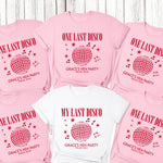 Load image into Gallery viewer, One Last Disco personalised hen party T-shirts – light pink bridal party tees and a white bride tee with red print
