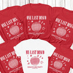 Load image into Gallery viewer, One Last Disco personalised hen party T-shirts – red bridal party tees with white print and a white bride tee with red print
