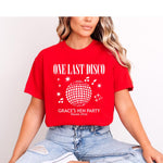 Load image into Gallery viewer, Woman wearing a red One Last Disco hen party T-shirt with white disco ball print
