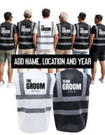 Load image into Gallery viewer, Stag party group wearing personalised black Team Groom vests and a white The Groom vest, printed with name, location and year

