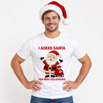 Load image into Gallery viewer, Man in a Santa hat wearing the white I Asked Santa For New Colleagues Christmas T-shirt
