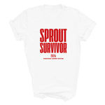 Load image into Gallery viewer, Sprout Survivor 2026 Christmas T-shirt in white with red text, flat lay

