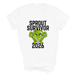 Load image into Gallery viewer, Sprout Survivor 2026 Brussels Sprout Christmas T-shirt in white, flat lay
