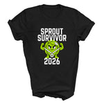 Load image into Gallery viewer, Sprout Survivor 2026 Brussels Sprout Christmas T-shirt in black, flat lay
