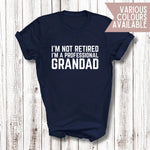 Load image into Gallery viewer, I'm Not Retired I'm A Professional Grandad men's t-shirt in navy, laid flat on wooden boards, various colours available
