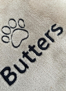 Personalised Dog Blanket with Name & Paw | Embroidered Fleece – Grey or Camel