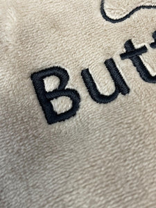 Personalised Dog Blanket with Name & Paw | Embroidered Fleece – Grey or Camel