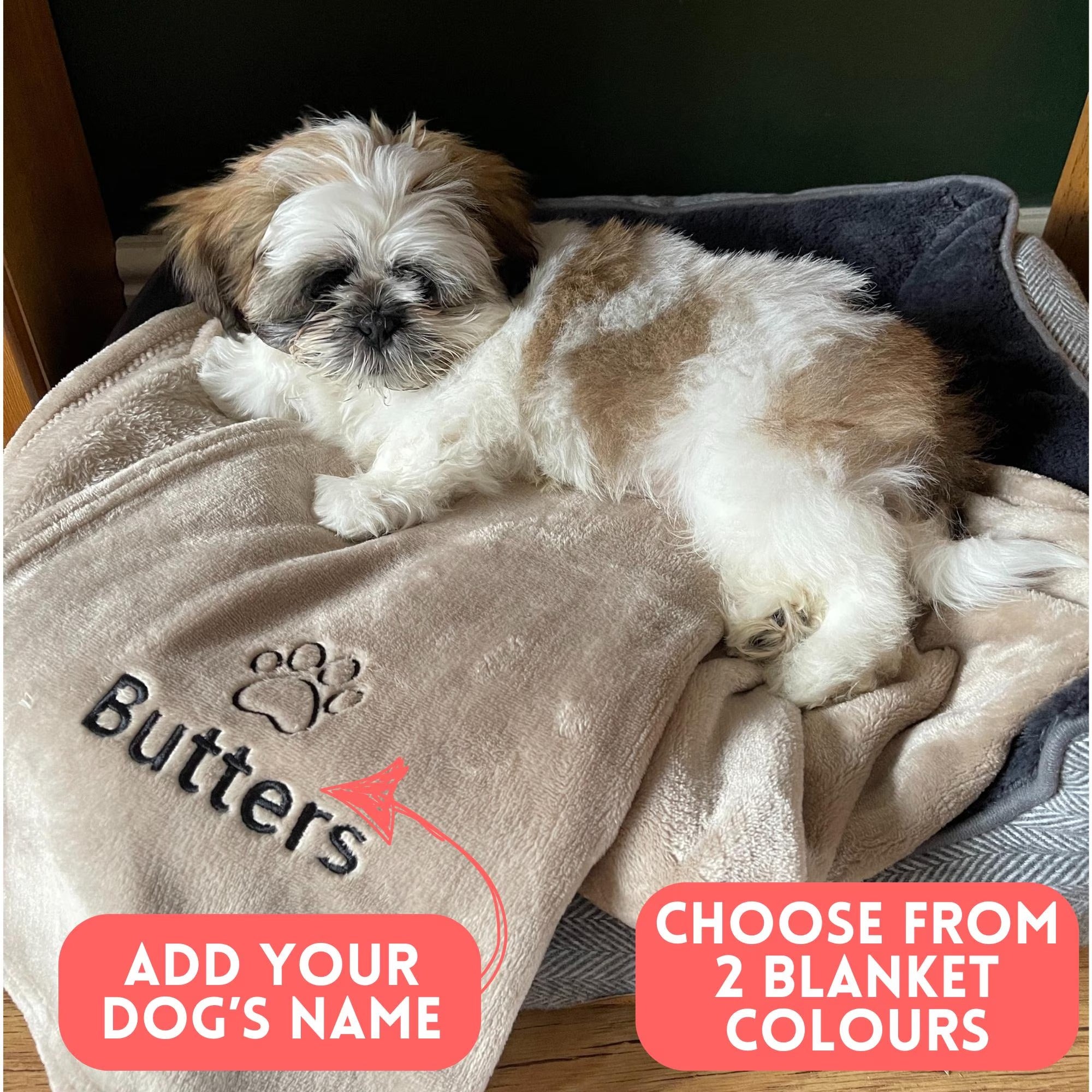 Personalised Dog Blanket with Name & Paw | Embroidered Fleece – Grey or Camel