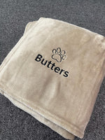 Load image into Gallery viewer, Personalised Dog Blanket with Name &amp; Paw | Embroidered Fleece – Grey or Camel
