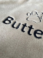 Load image into Gallery viewer, Personalised Dog Blanket with Name &amp; Paw | Embroidered Fleece – Grey or Camel

