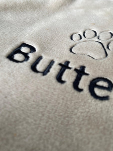 Personalised Dog Blanket with Name & Paw | Embroidered Fleece – Grey or Camel