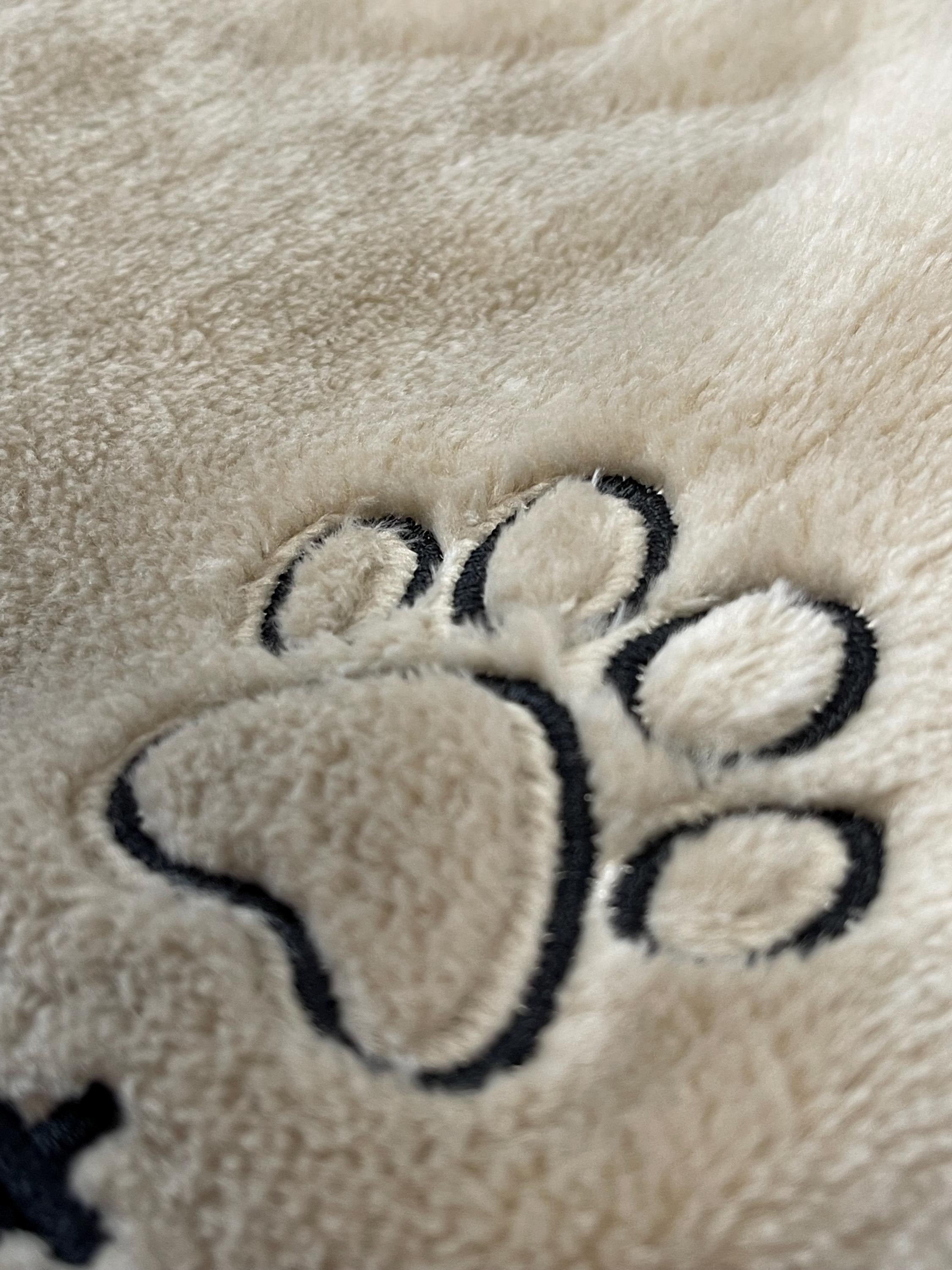 Personalised Dog Blanket with Name & Paw | Embroidered Fleece – Grey or Camel