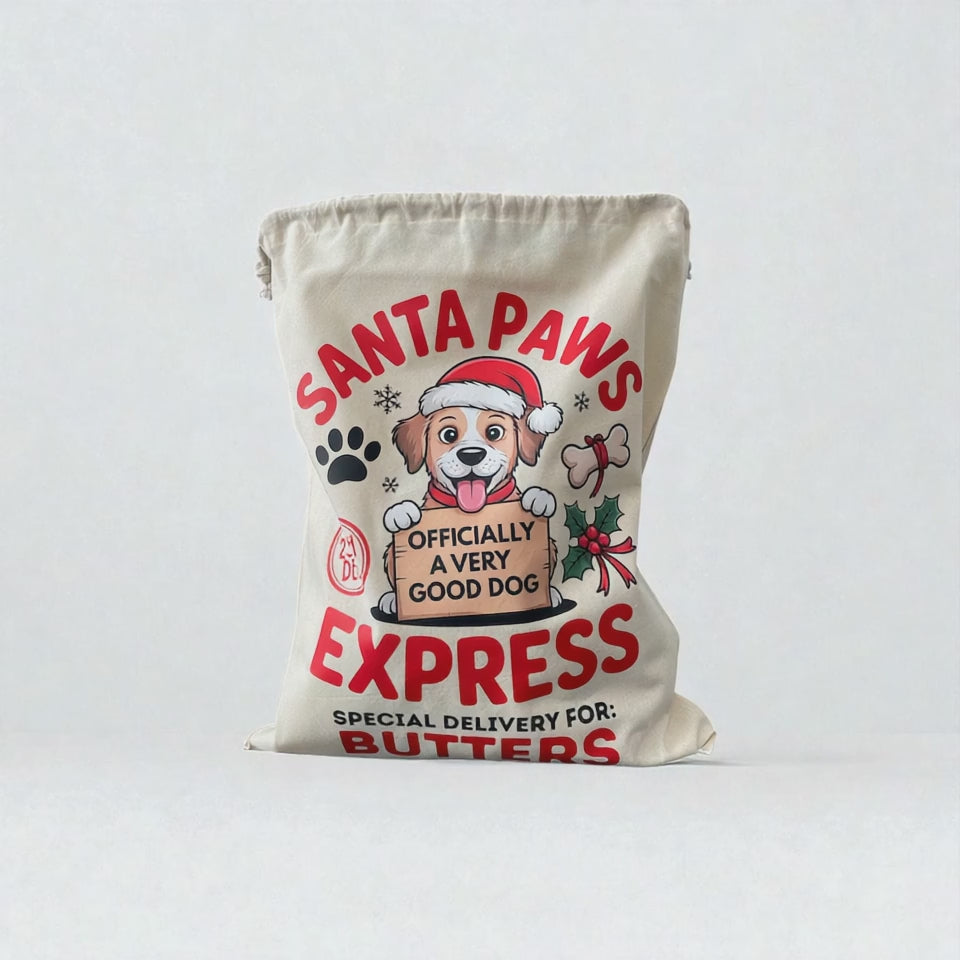 Personalised Dog Christmas Sack – Custom Name Recycled Cotton Gift Bag